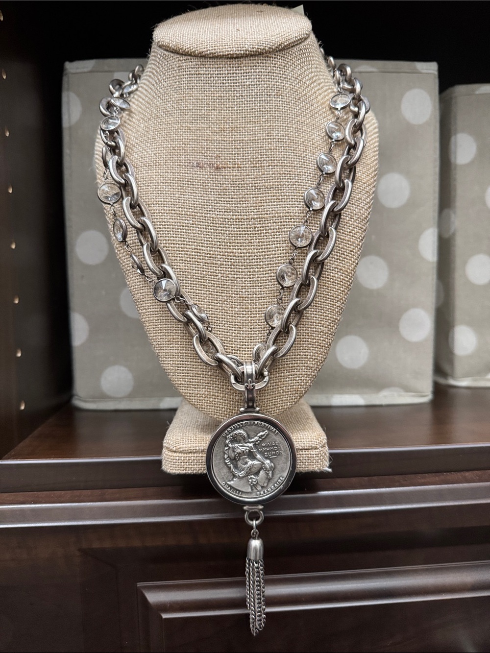 Silver-Tone Double Chain Coin Pendant Necklace with Tassel